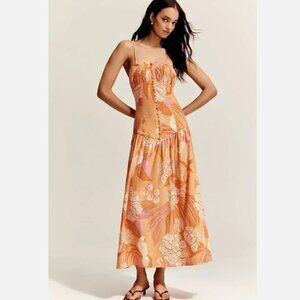 Farm Rio x Anthropologie Linen Blend Drop-Waist Maxi Dress Sundress M NWT Parrot